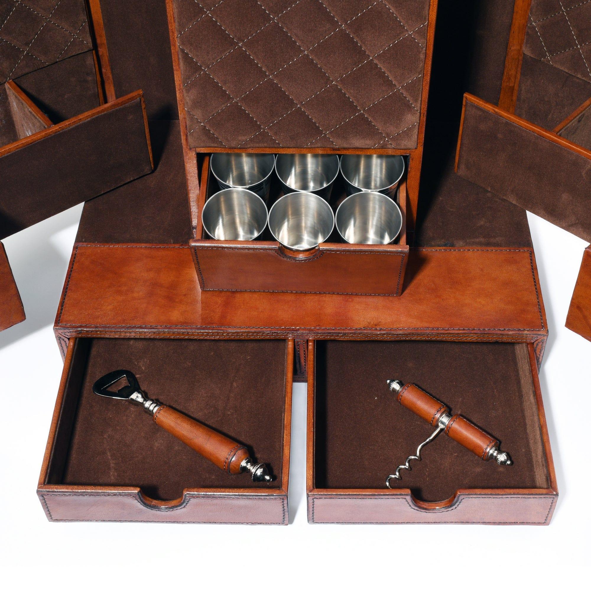 Shot glasses and bar tools in leather bar case - Your Western Decor
