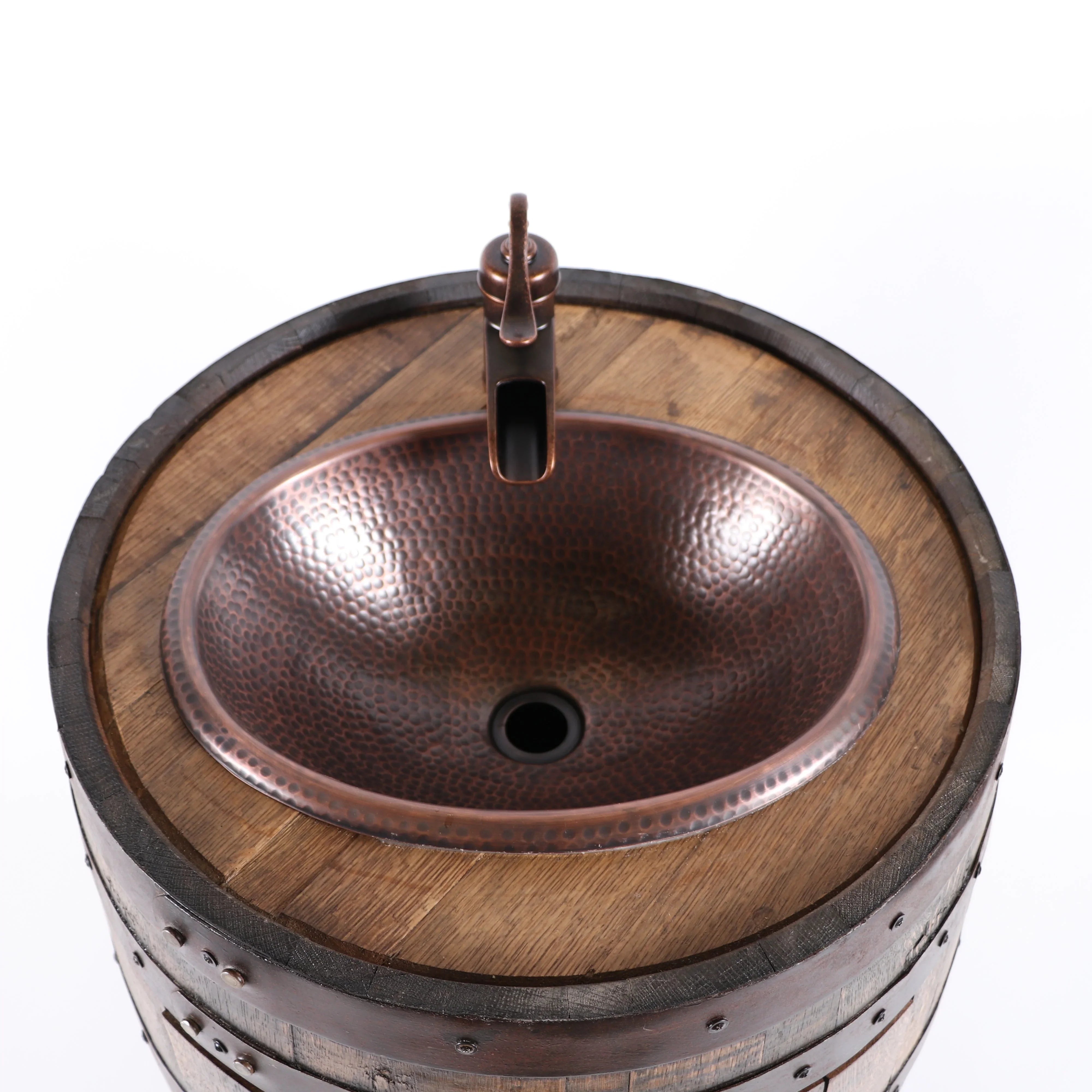 Top view of barrel vanity with copper sink and faucet - Your Western Decor