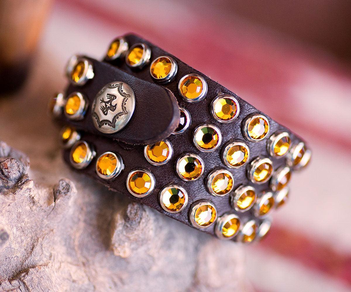 Topaz Swarovski Crystals Leather Bracelet in brown leather - handmade in Texas - Your Western Decor