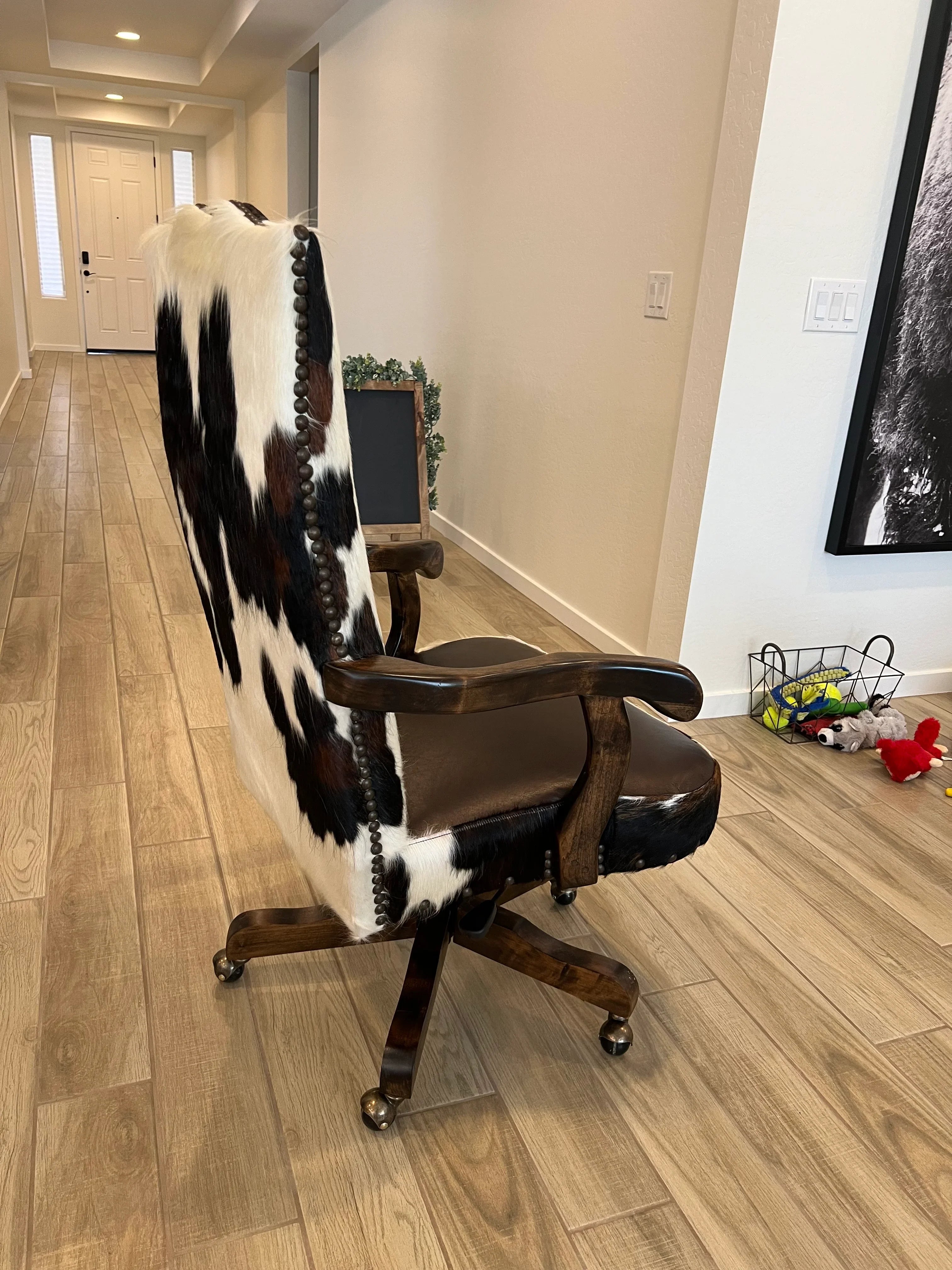 Tri color cowhide and chocolate brown leather desk chair, custom made in the USA - Your Western Decor