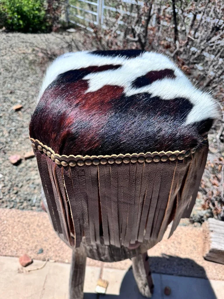 Tri color cowhide and leather fringe small ottoman stool, handmade to order in Arizona - Your Western Decor