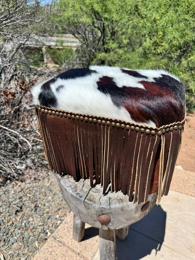 Ottoman with tri color cowhide and brown leather fringe handmade to order in Arizona - Your Western Decor