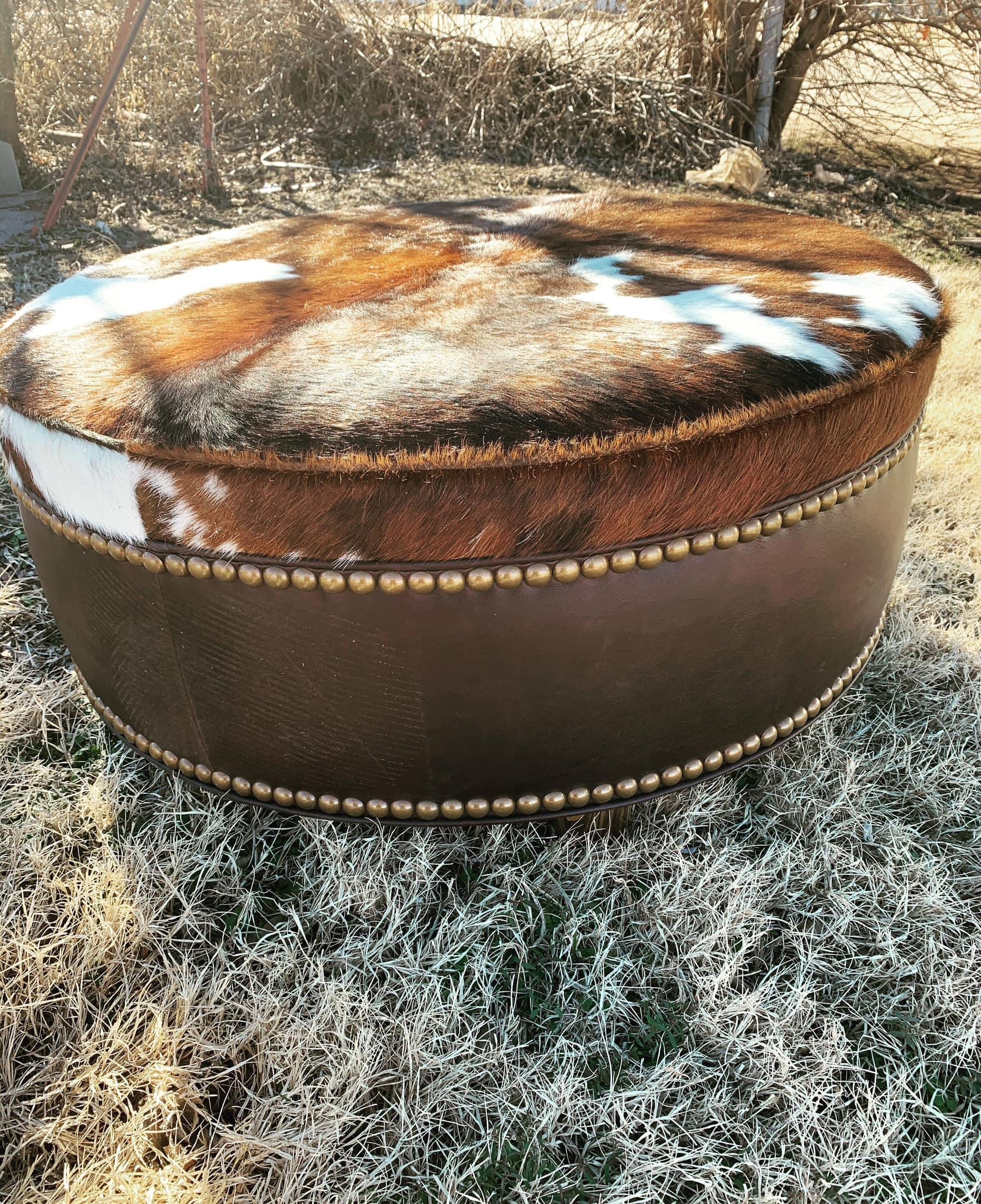 Smooth leather and Tri-color cowhide round ottoman made in the USA - Your Western Decor