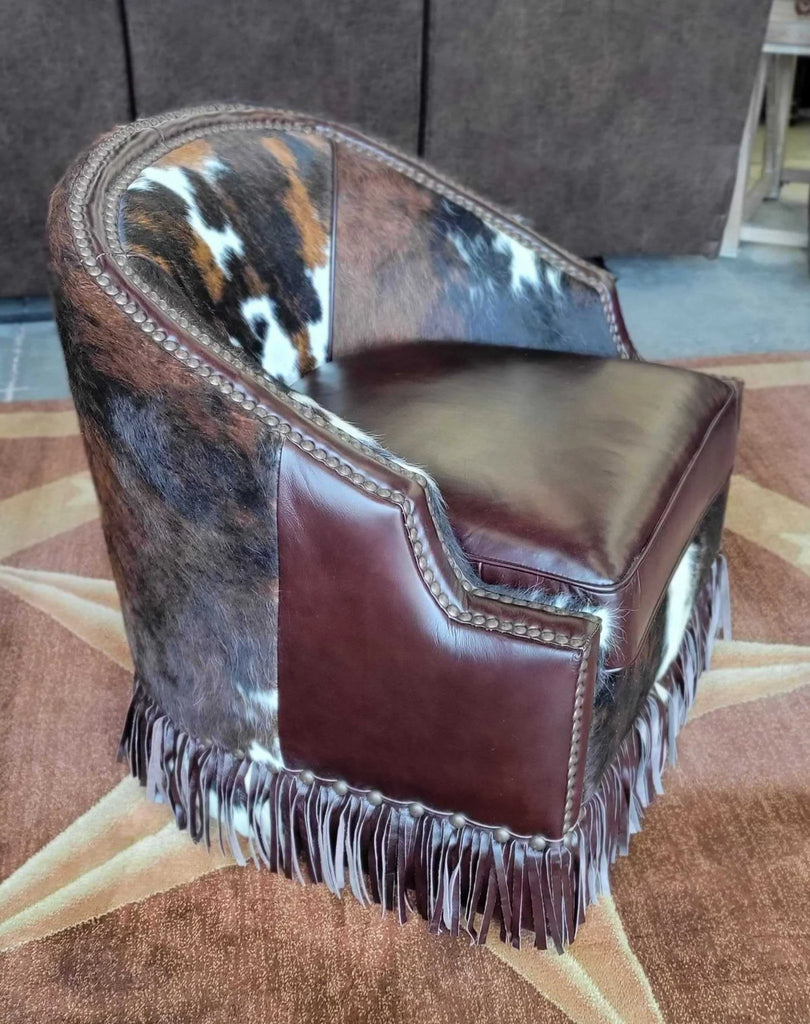 Tulsa King Leather Swivel Chair in tri color cowhide and leather with fringe - Your Western Decor