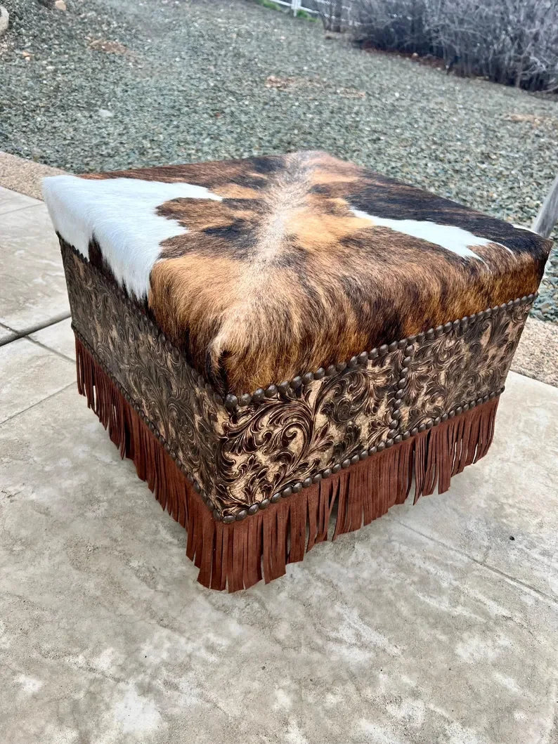 Buckeye Fringed Leather Ottoman with cowhide top made in the USA - Your Western Decor