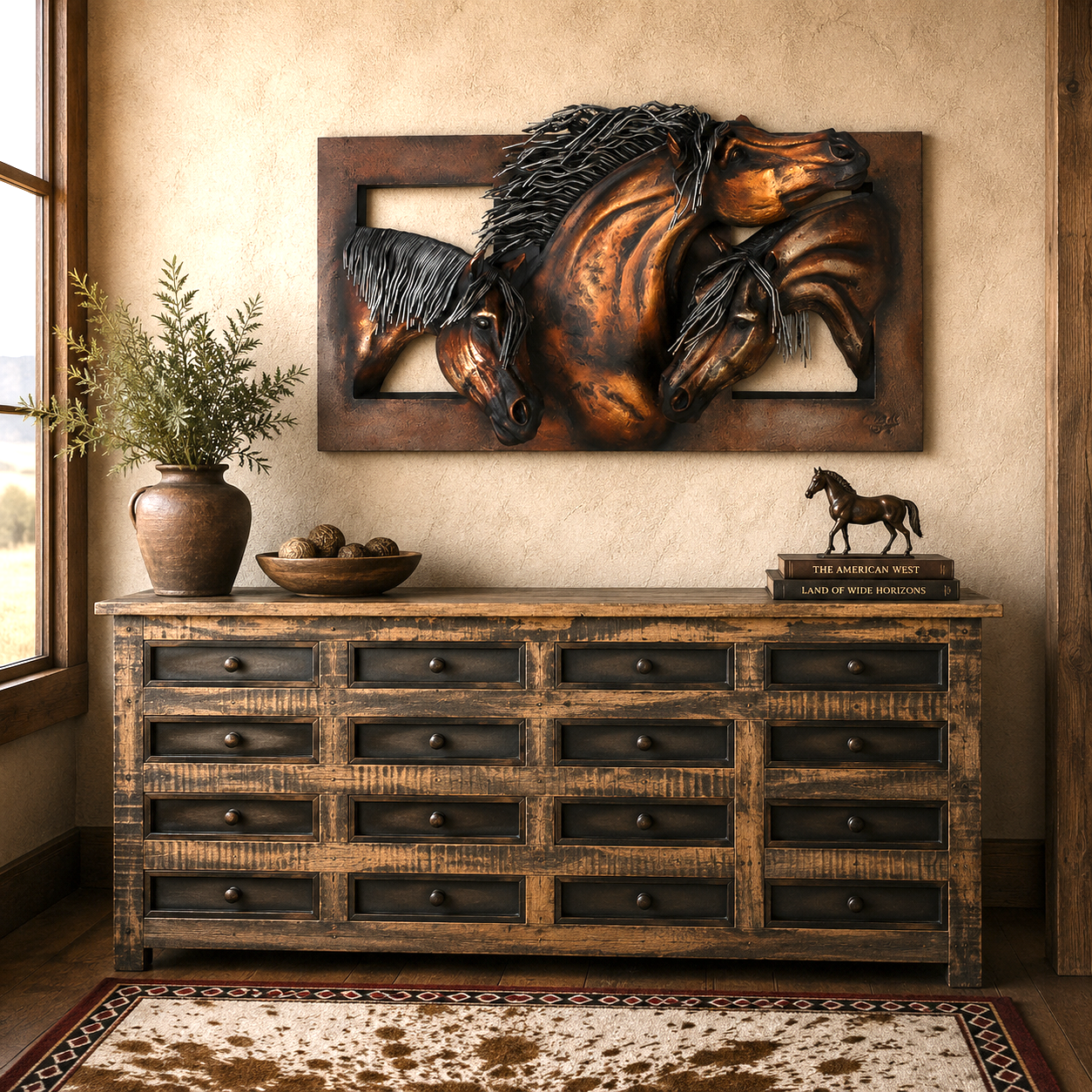 Western horse wall sculpture displayed above rustic sideboard in ranch-style interior
