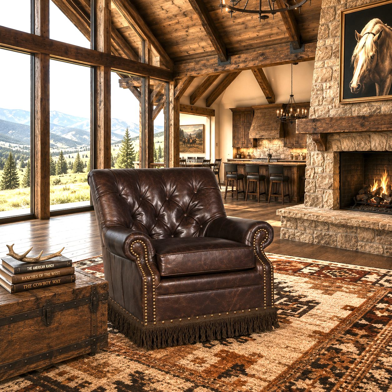 Custom made dark brown leather swivel glider chair with tufted back, nail trim and fringe in a large open ranch themed living space