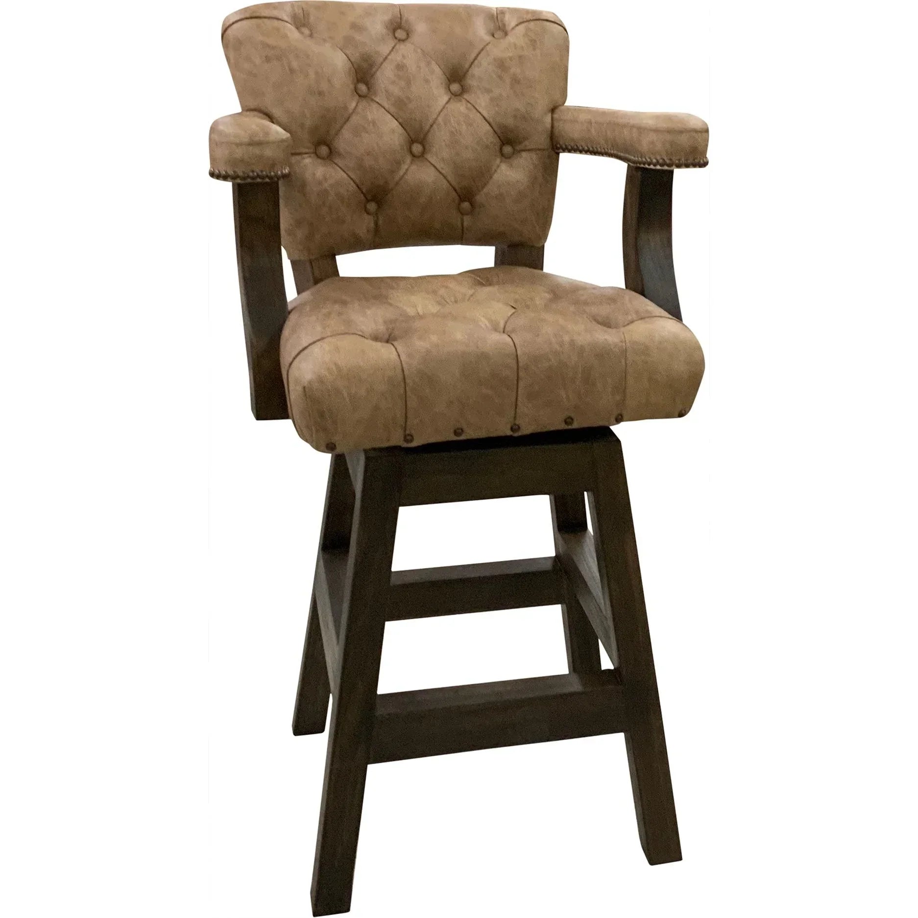 Brown tufted bar stool with wooden legs on a white background - Your Western Decor