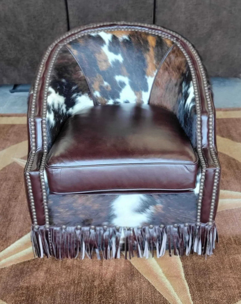 Tulsa King Leather Swivel Chair in cowhide and leather with fringe - Your Western Decor