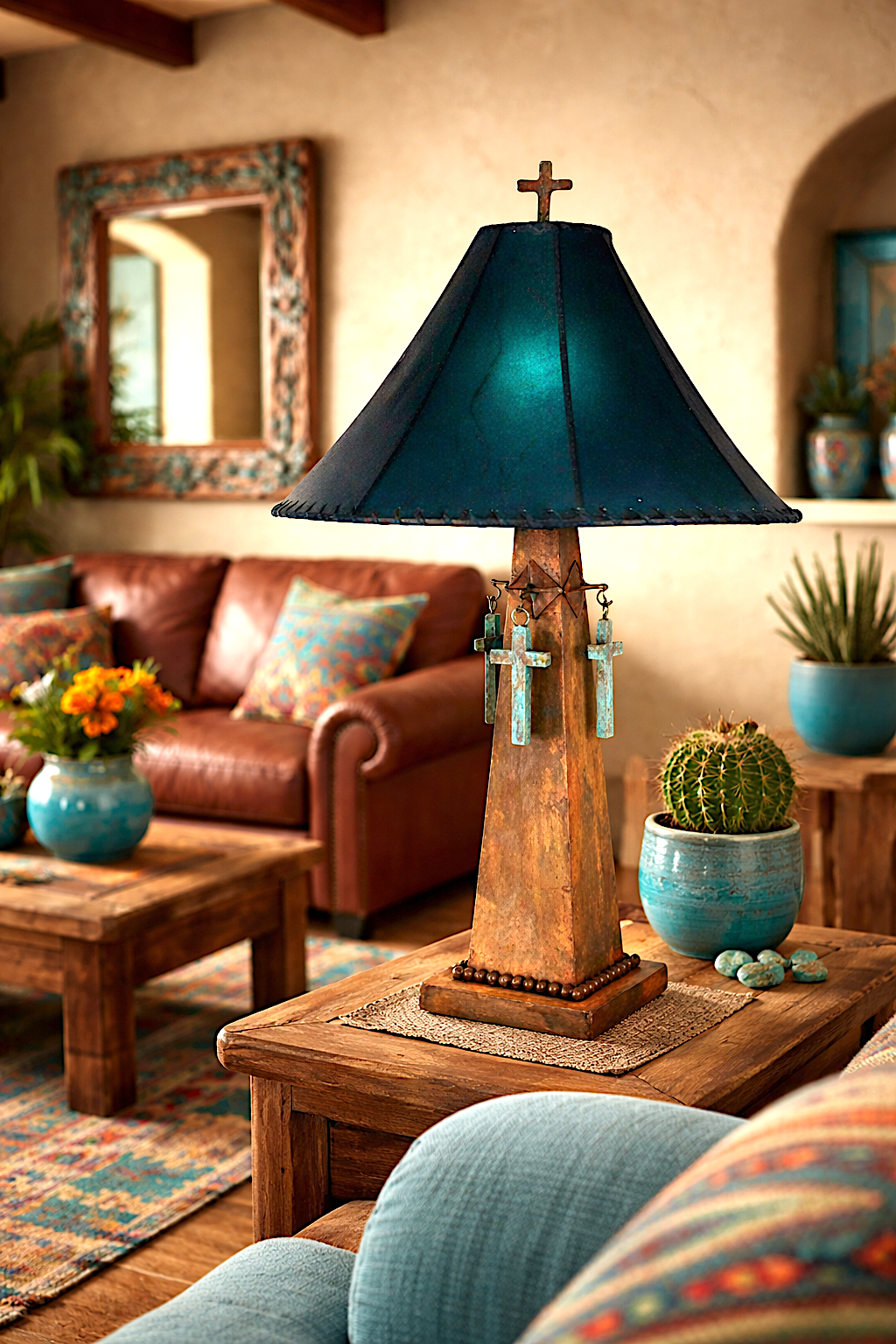 Decorative lamp with teal shade on a wooden table in a Southwestern living room setting - Your Western Decor