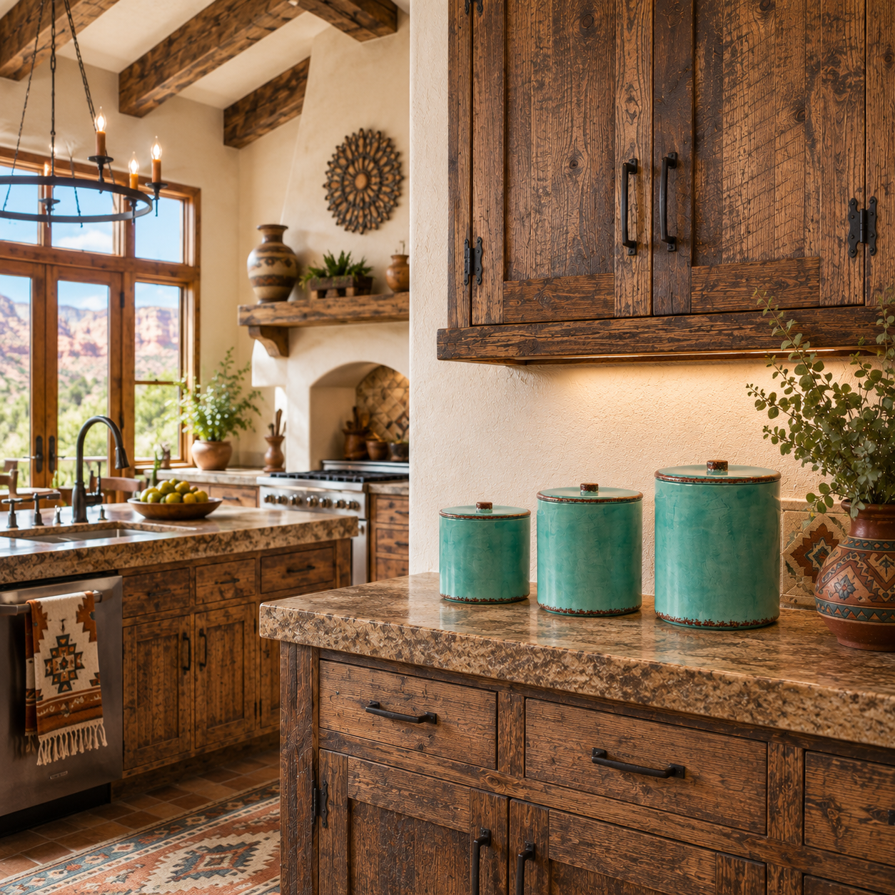 Desert Patina turquoise canister set on rustic ranch kitchen countertop