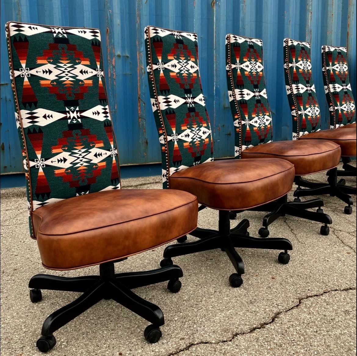 Sunbrella Tuscan Agate Southwestern Fabric back and chestnut leather seat armless conference table chairs made in the USA