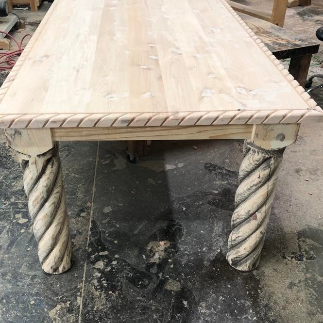 Handcrafted and carved wood dining table unfinished