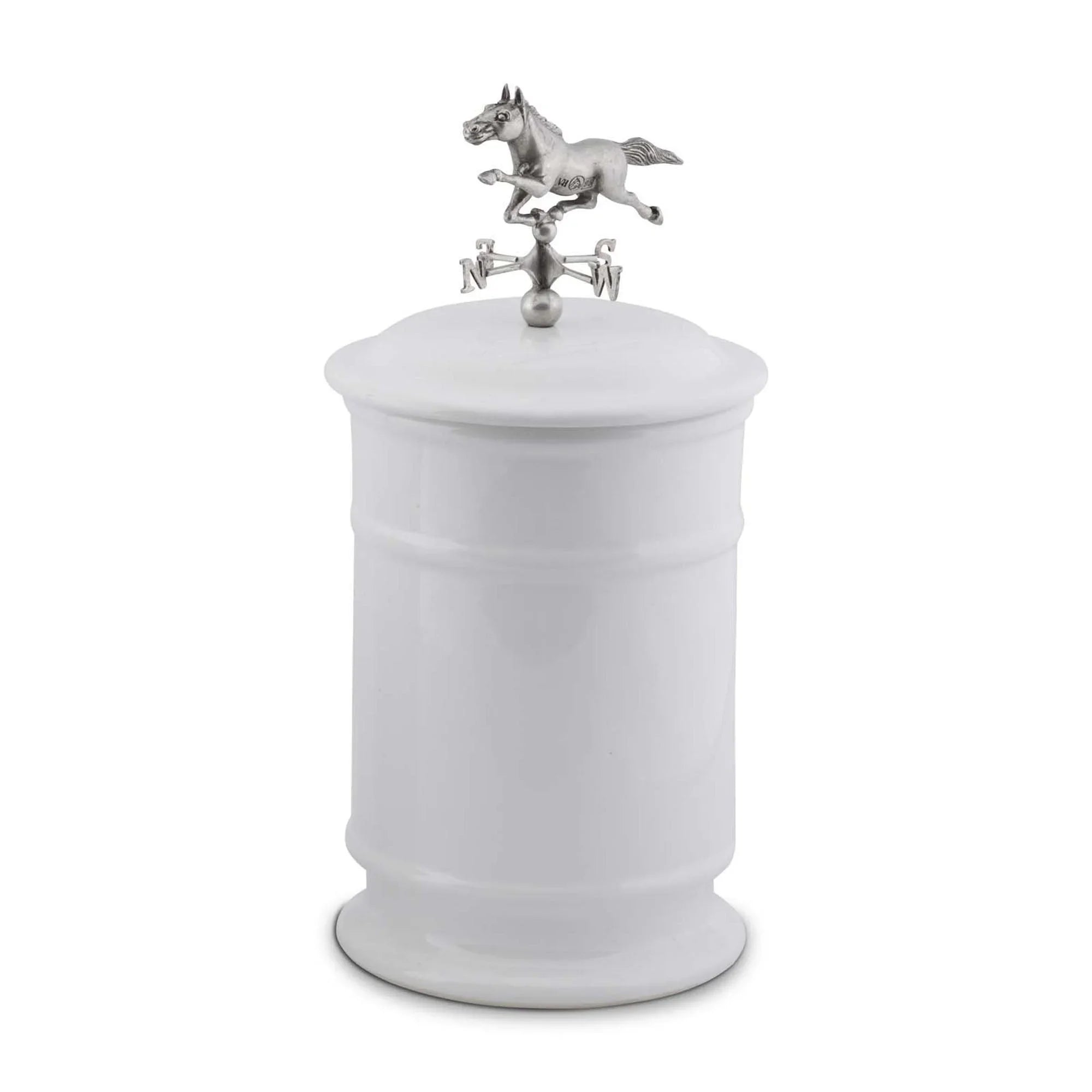 White stoneware canister with pewter horse weathervane finial on lid - Your Western Decor