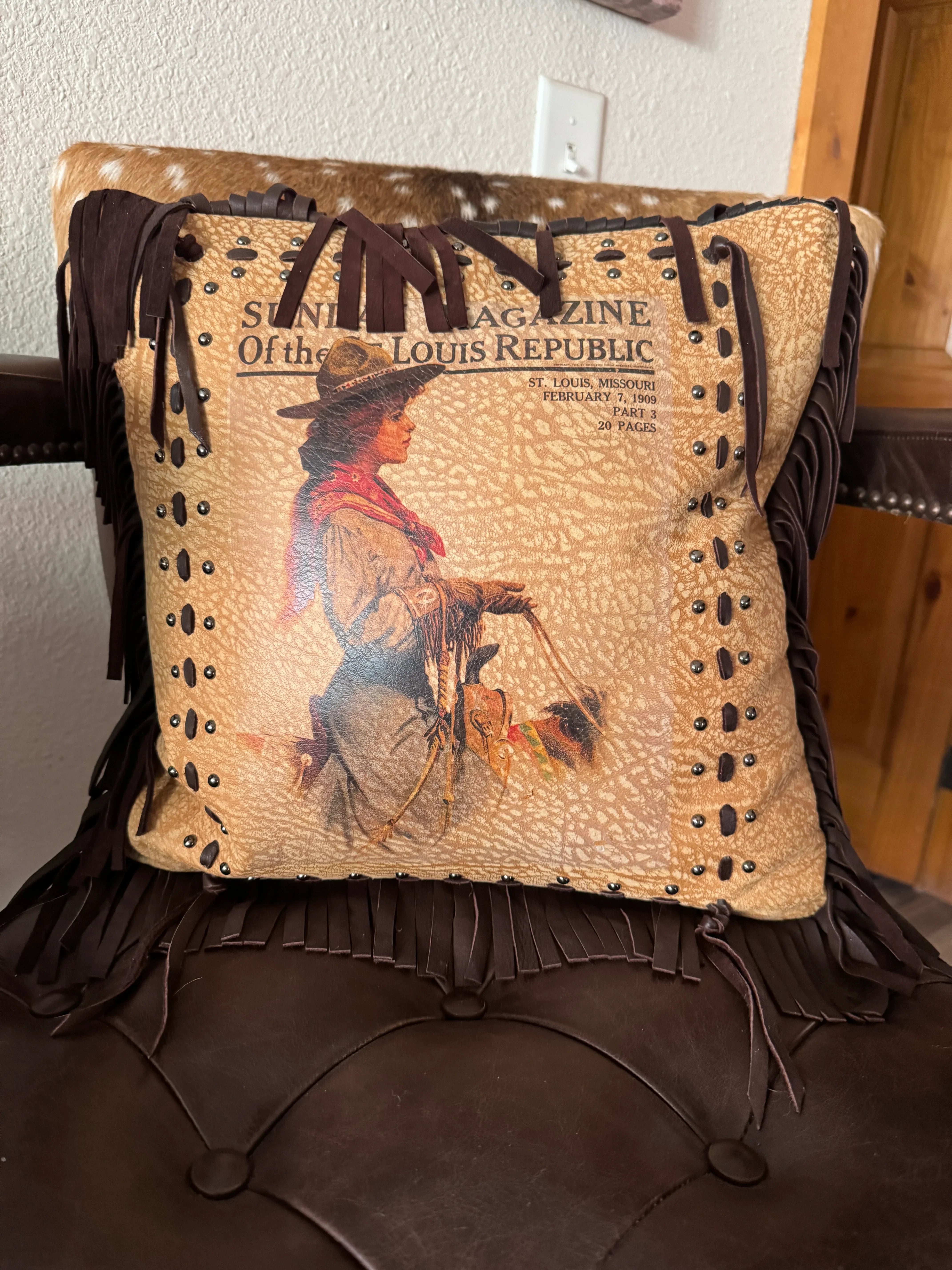 Vintage 1909 Sunday Magazine Leather Pillow handmade in the USA - Your Western Decor