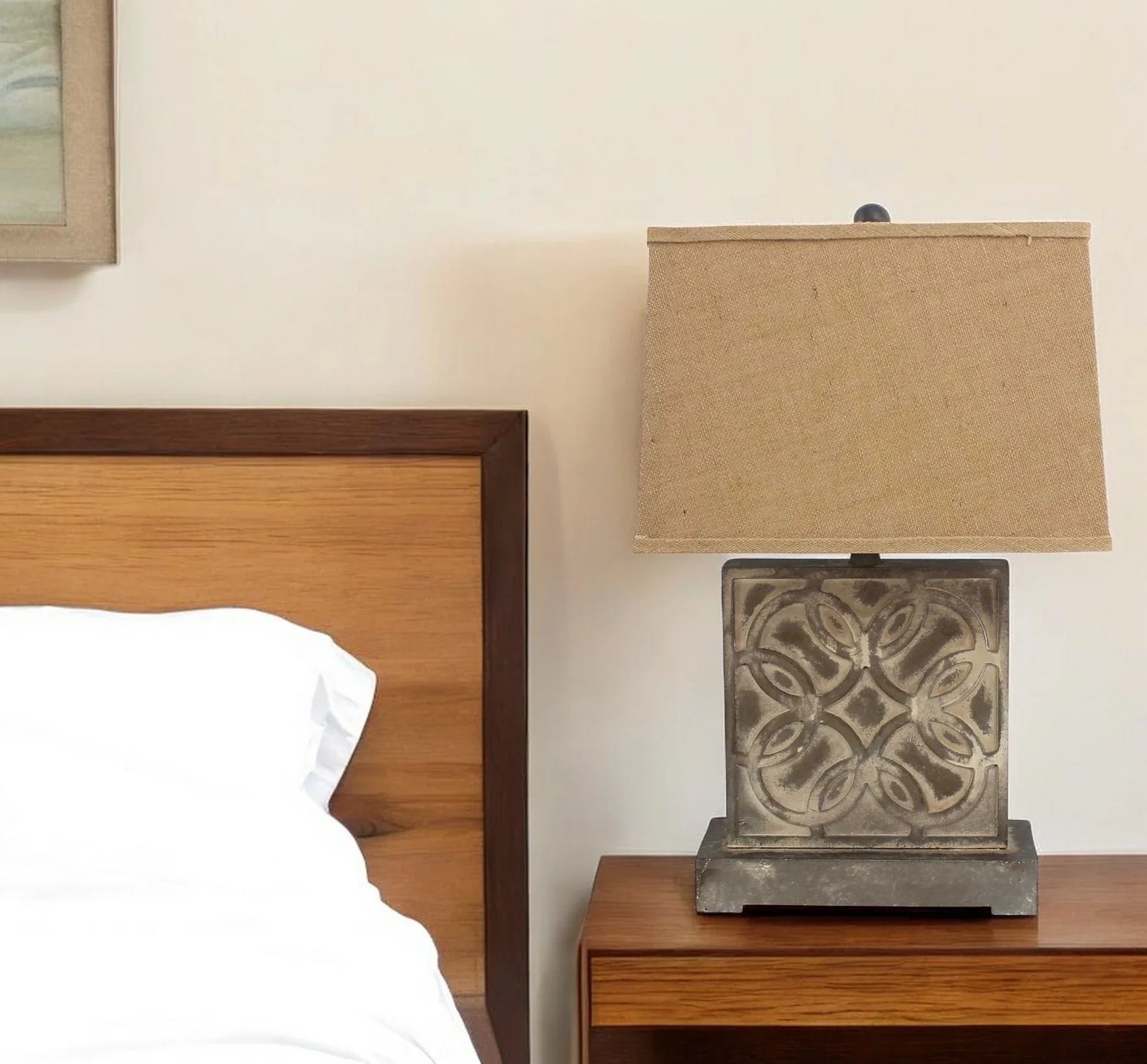 Vintage base bedside lamp with khaki linen shade - Your Western Decor