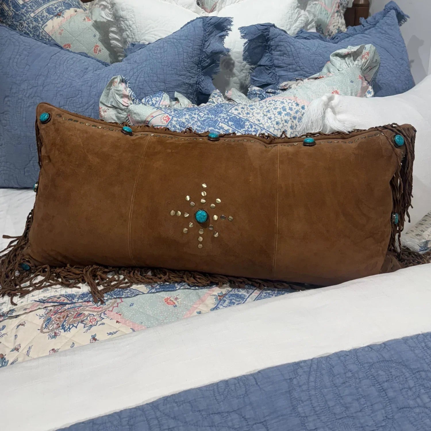 Wapato brown suede accent pillow with turquoise stones, fringe, and down fill - Your Western Decor