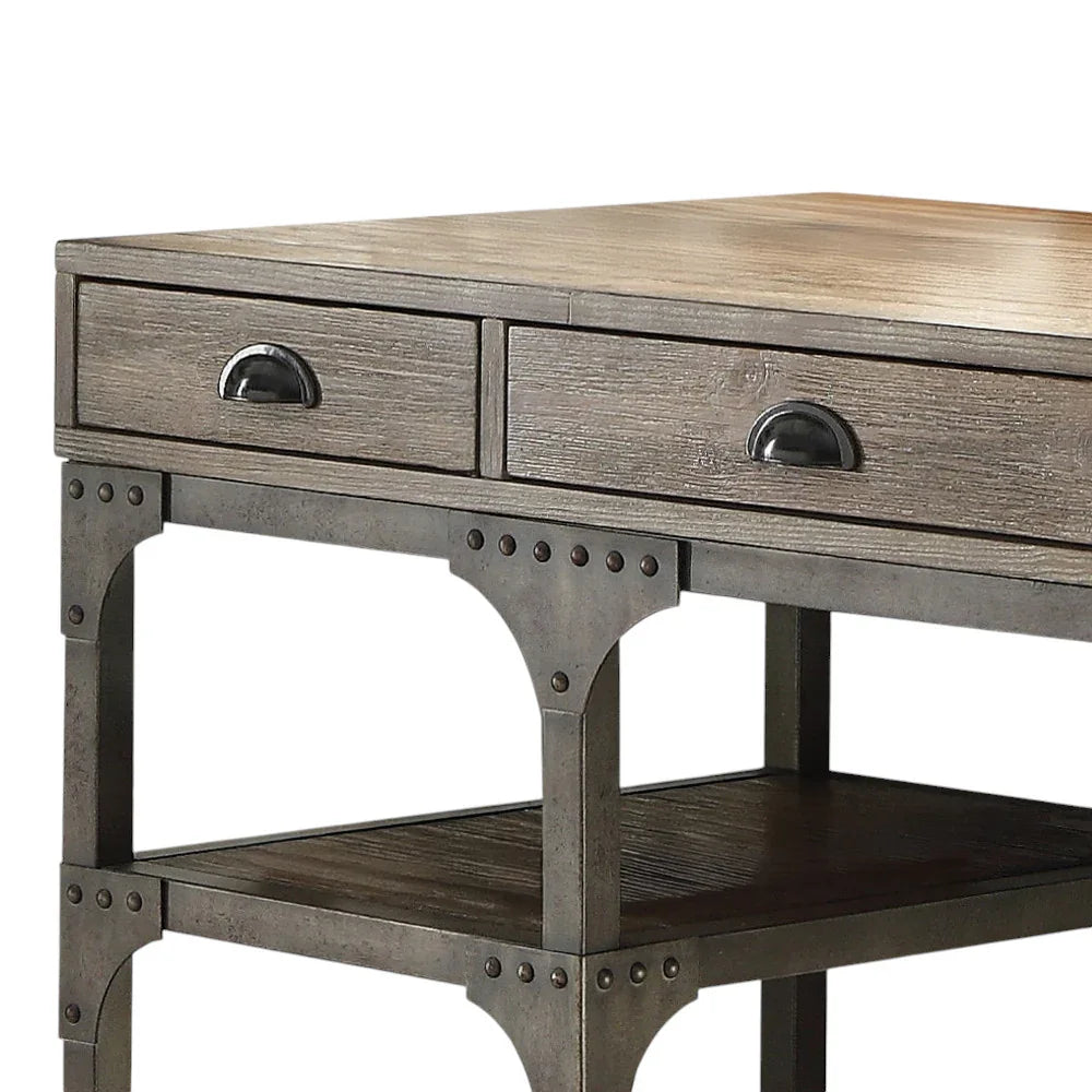 Weathered Oak and Antiqued Iron Desk with riveted iron frame - Your Western Decor