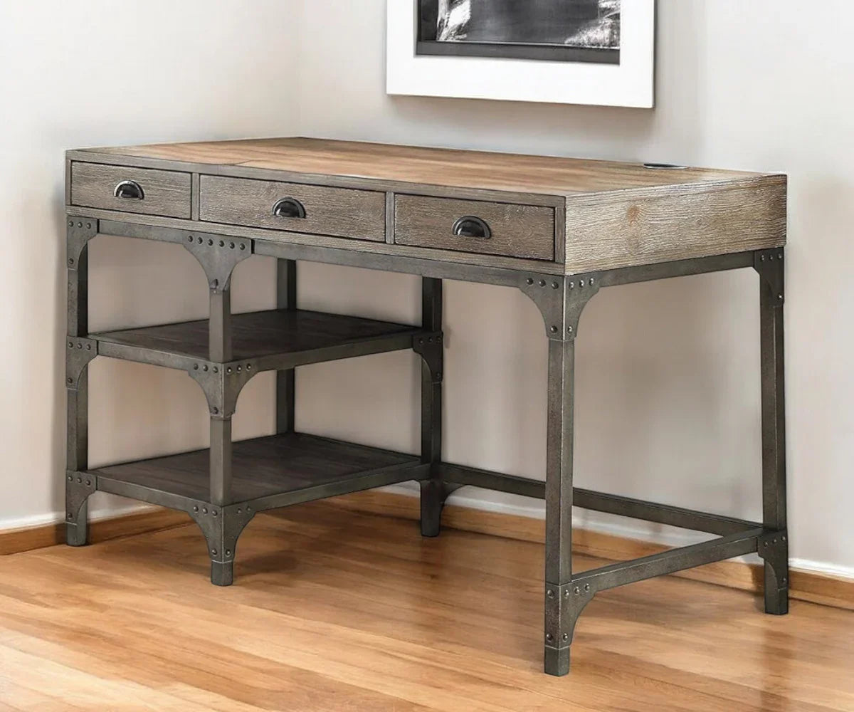 Weathered Oak and Antiqued Iron Desk with riveted iron frame - Your Western Decor