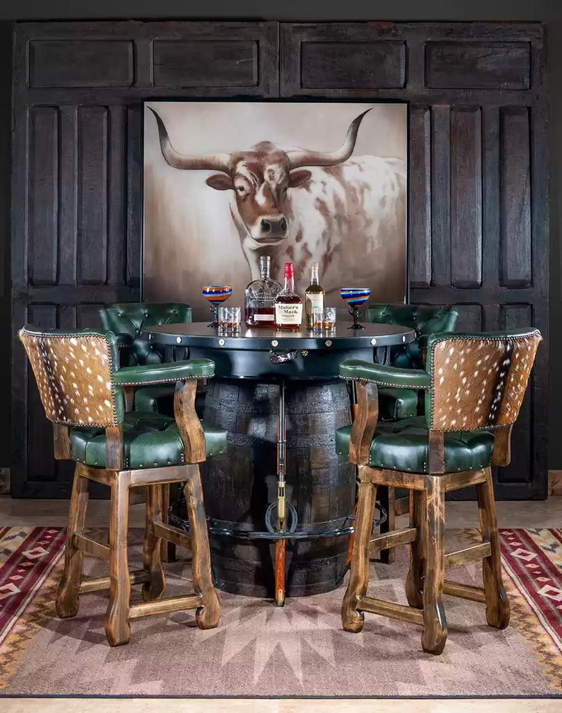 Wild West Barrel Pub Table with Axis & Olive leather swivel bar chairs American made - Your Western Decor