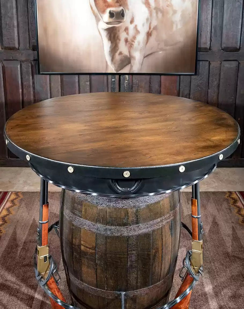 American made Wild West Buckshot Pub Table with replica .22 rifles and Alder wood table surface - Your Western Decor