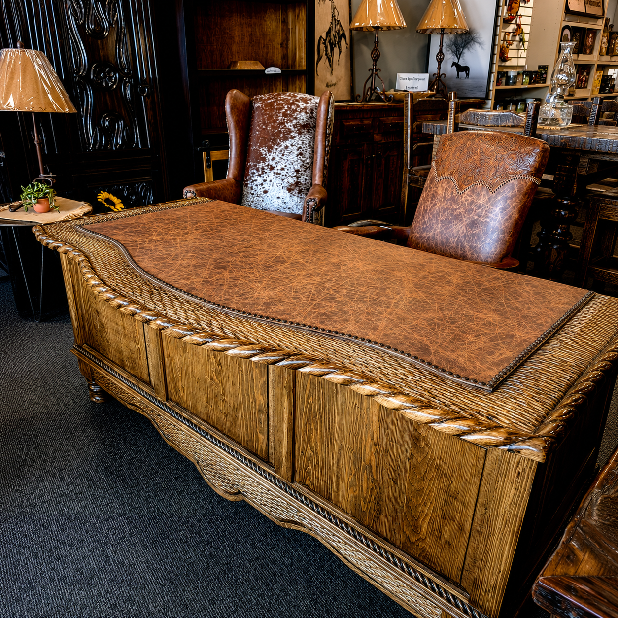 Handcrafted Western executive desk with leather writing top