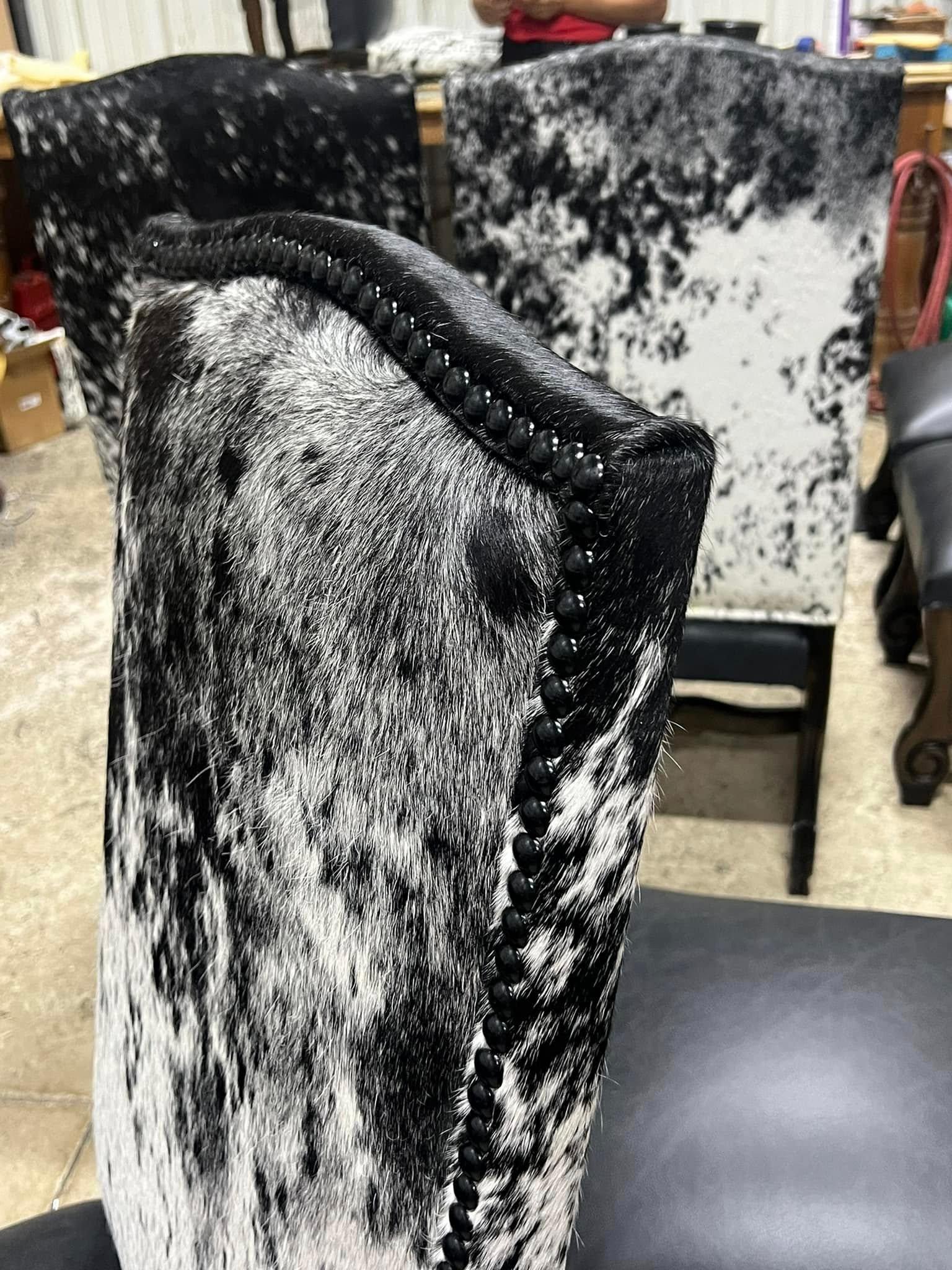 Western Dining Chair in Leather & Cowhide in black leather seat and peppered black/white cowhide back - hand crafted in the USA - Your Western Decor