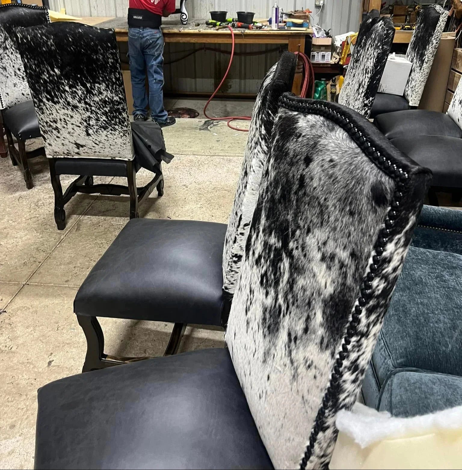 Western Dining Chair in Leather & Cowhide in black leather seat and peppered black/white cowhide back - hand crafted in the USA - Your Western Decor