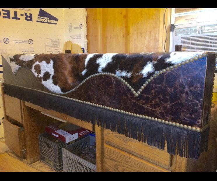 American made Custom Western Window Cornices with fringe in cowhide and distressed leather - Your Western Decor