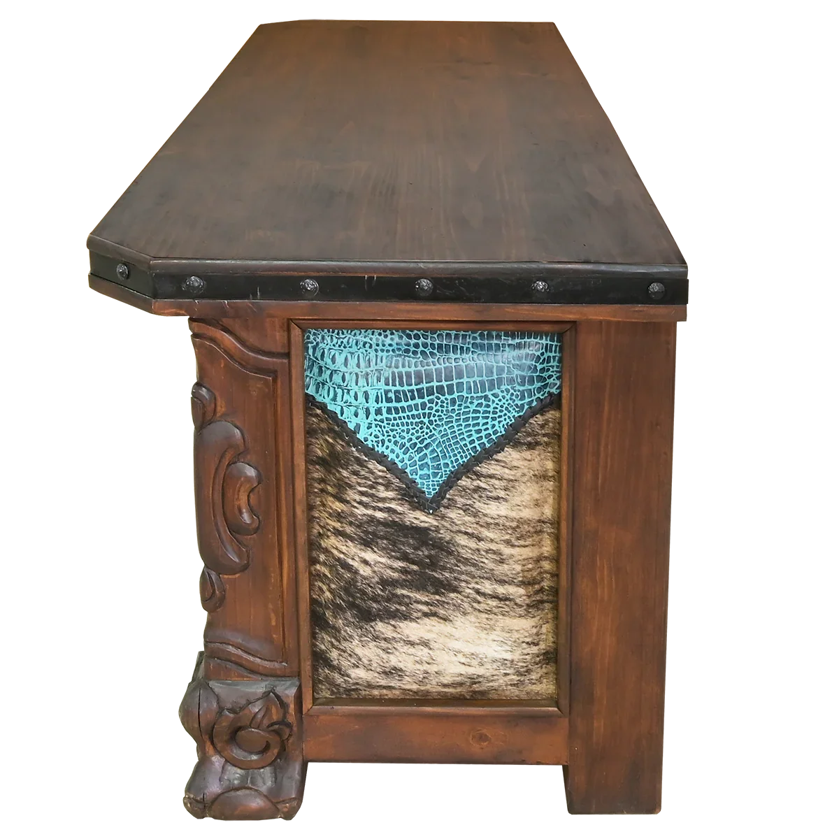 Carved western desk end with cowhide and leather upholstery handmade in Mexico - Your Western Decor