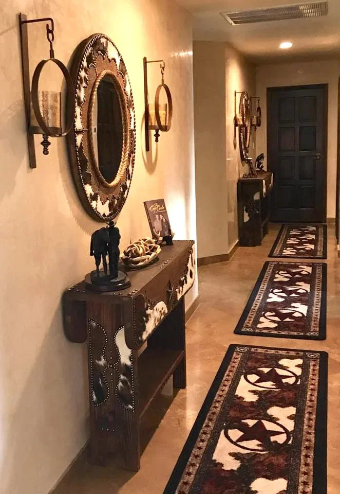 Western Hallway with 2 custom made cowhide mirrors, 2 custom cowhide console tables, and Cowhide Print & Star Floor Runners - all made in the USA - Your Western Decor