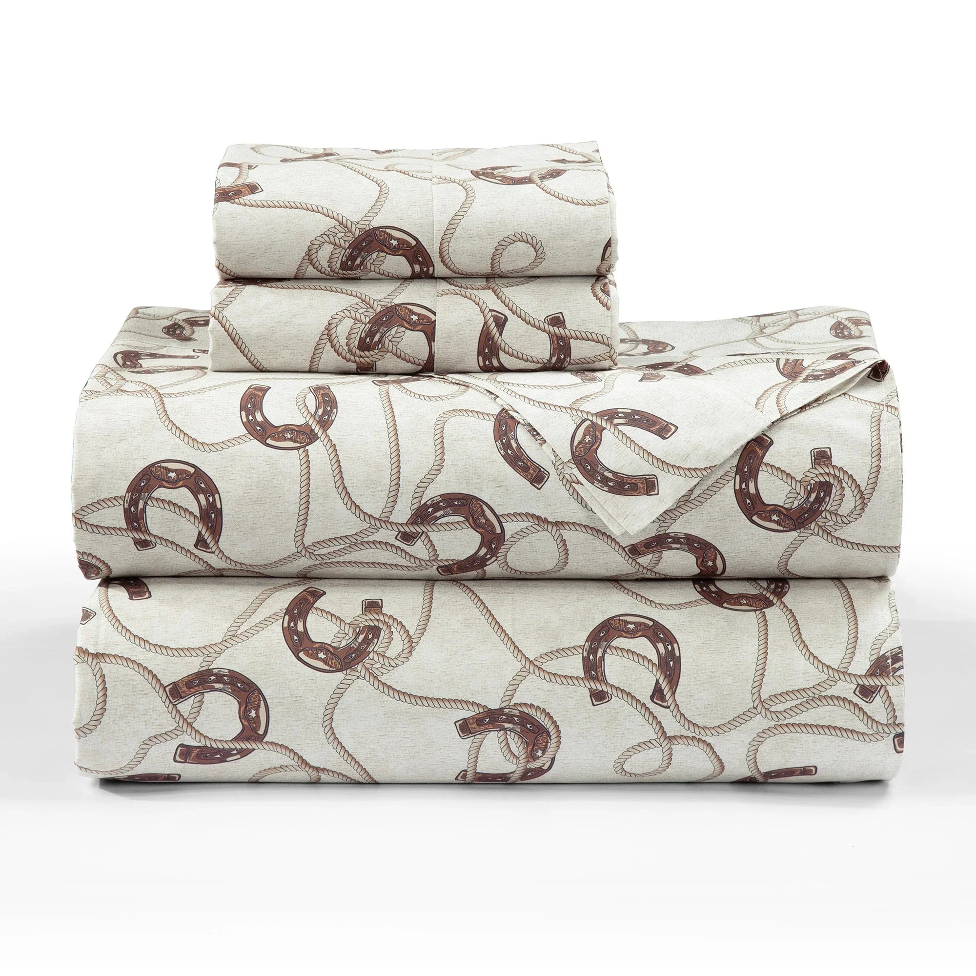 350TC Cotton sheets in cream with brown horseshoes and tan rope - Your Western Decor