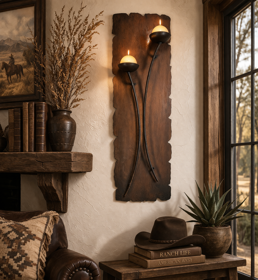 Rustic western iron wall sconce with double candles mounted on textured wall in lodge style living room