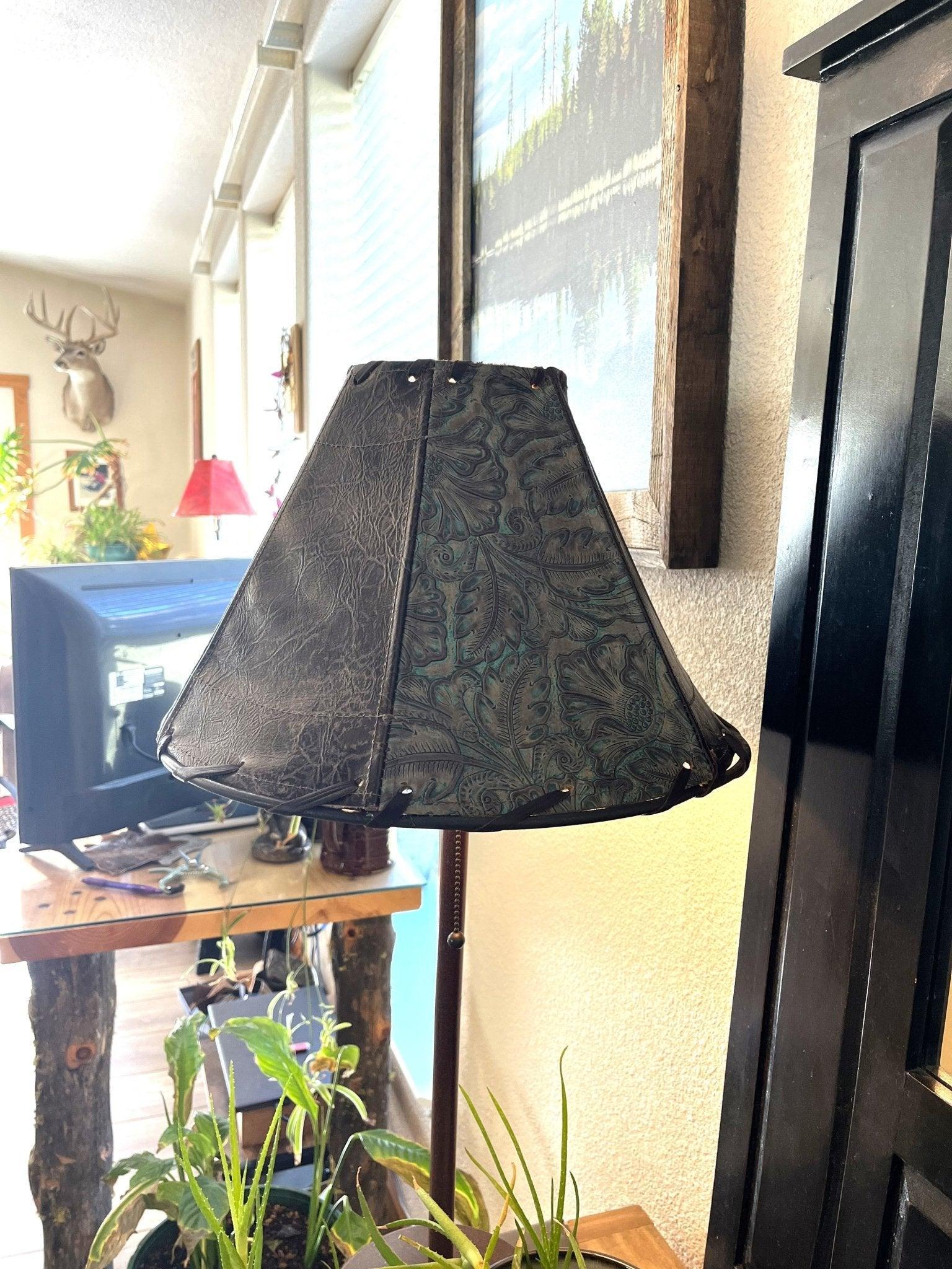 Western lamp shade in tooled and smooth distressed leather 15" - Your Western Decor