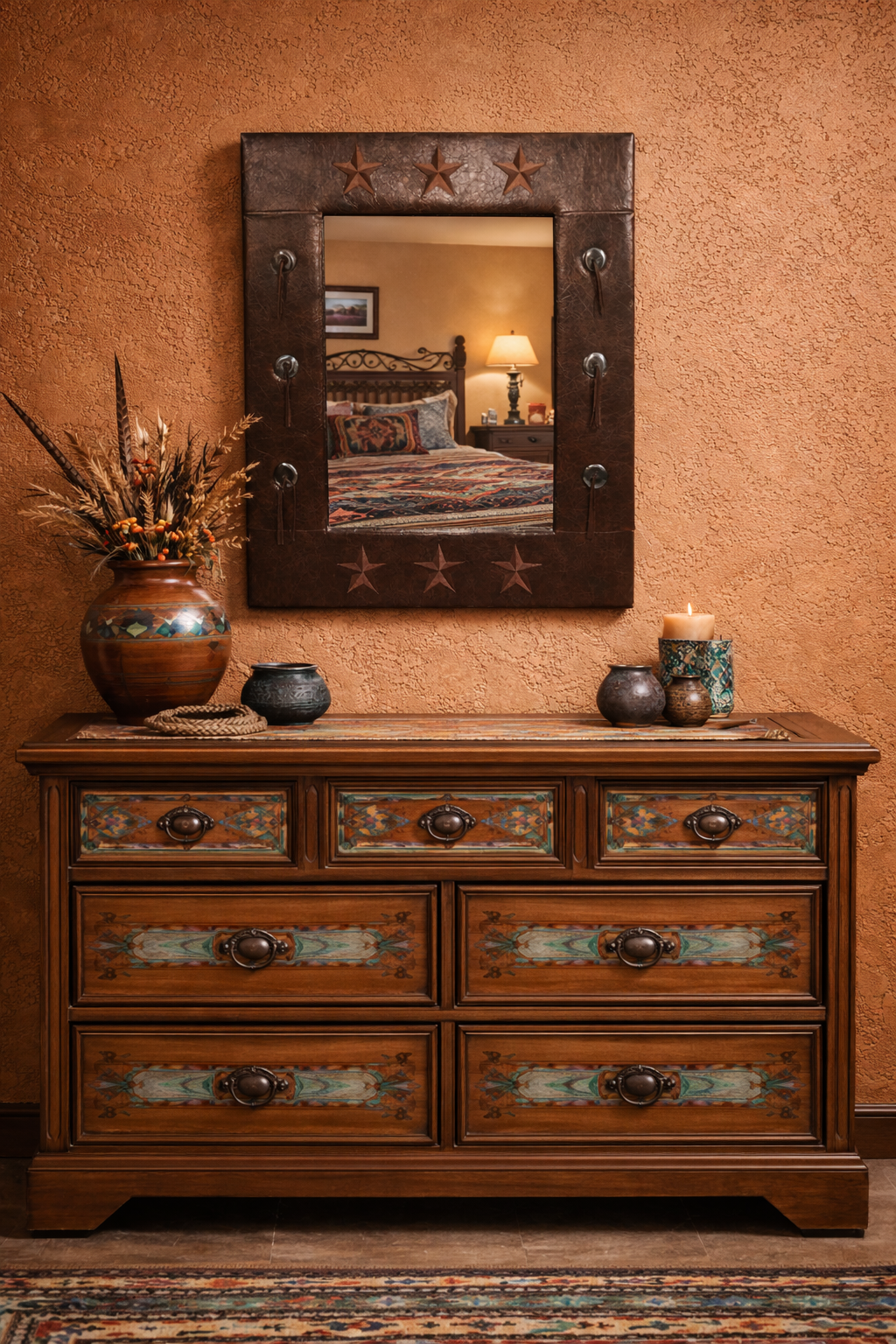 Southwestern design bedroom with leather mirror and southwestern dresser - Your Western Decor