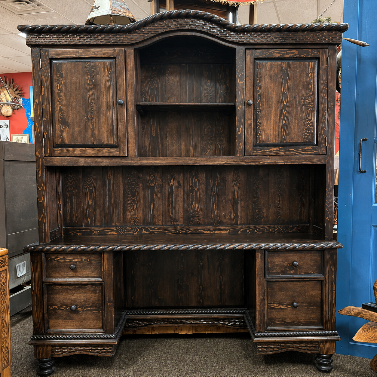 Custom western style office credenza with hutch