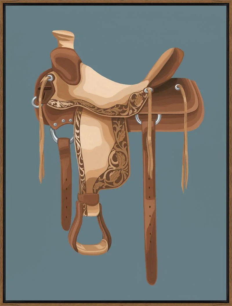 Brown leather saddle with intricate designs on a blue background - American made canvas art - Your Western Decor