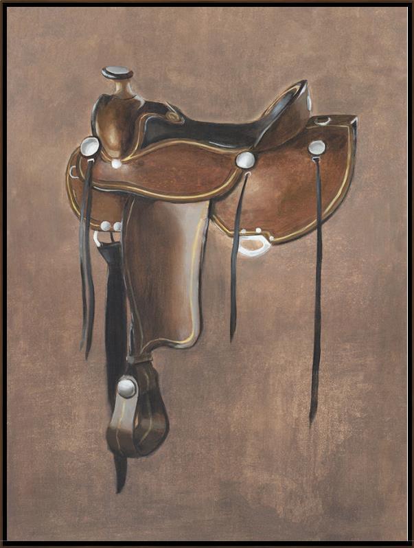 A western saddle rendered in a painterly, textured style against a warm brown background.