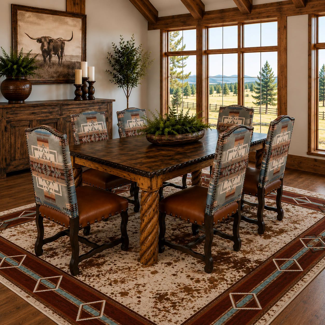 A rustic dining room set featuring a dark wood rectangular table and six matching high-back chairs with patterned upholstery and brown leather seats, arranged on a southwestern-style area rug in a cabin-style room with large windows.