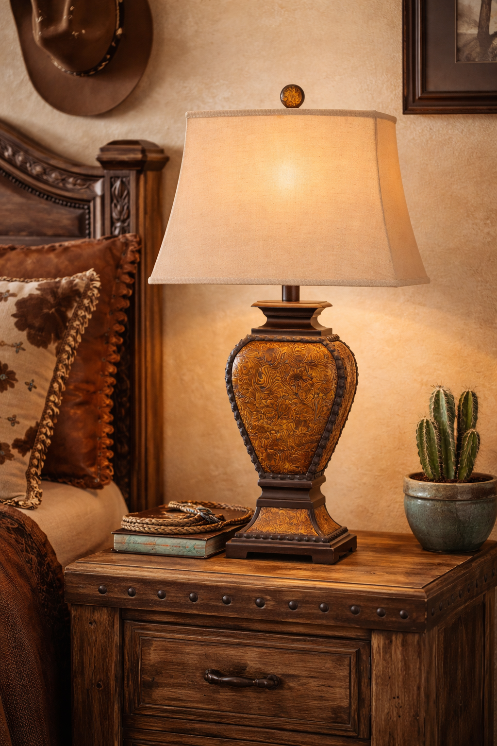 Western tooled leather table lamp with tan fabric shade on rustic wood nightstand in a Western-style bedroom with leather headboard - Your Western Decor