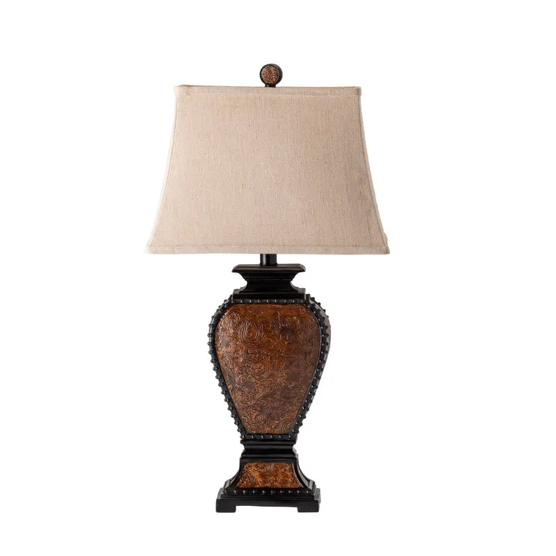 Tooled leather look resin western table lamp with tan linen lamp shade - Your Western Decor