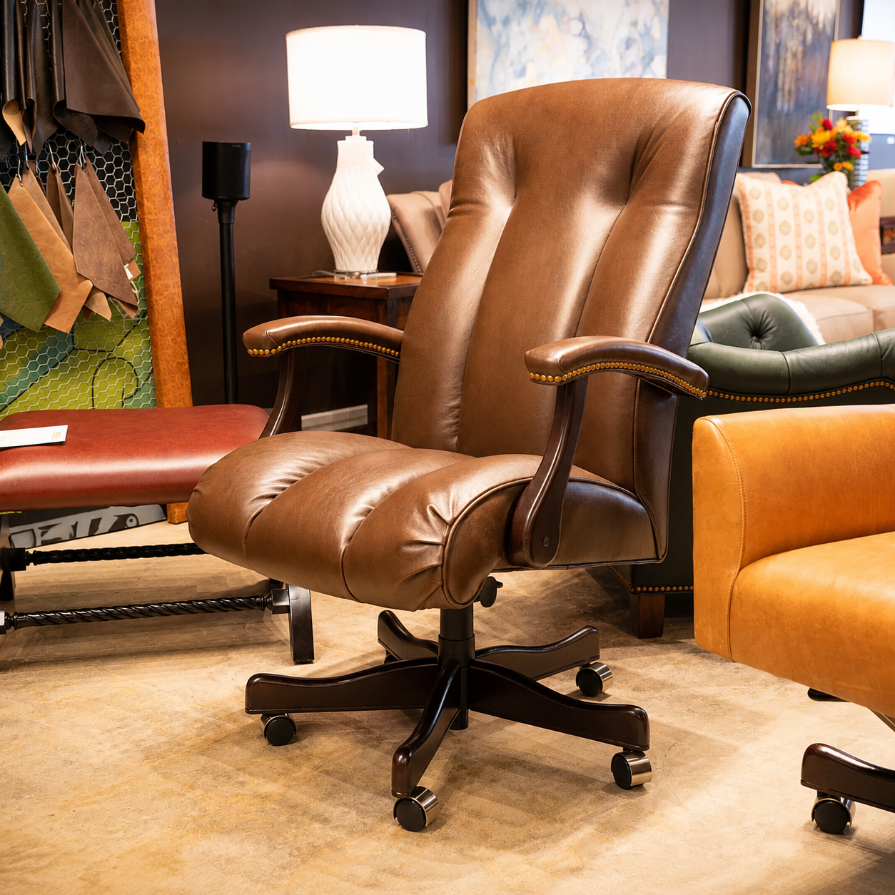 American-made Western Trails leather executive office chair upholstered in brown top-grain leather with hardwood arms and rolling casters.