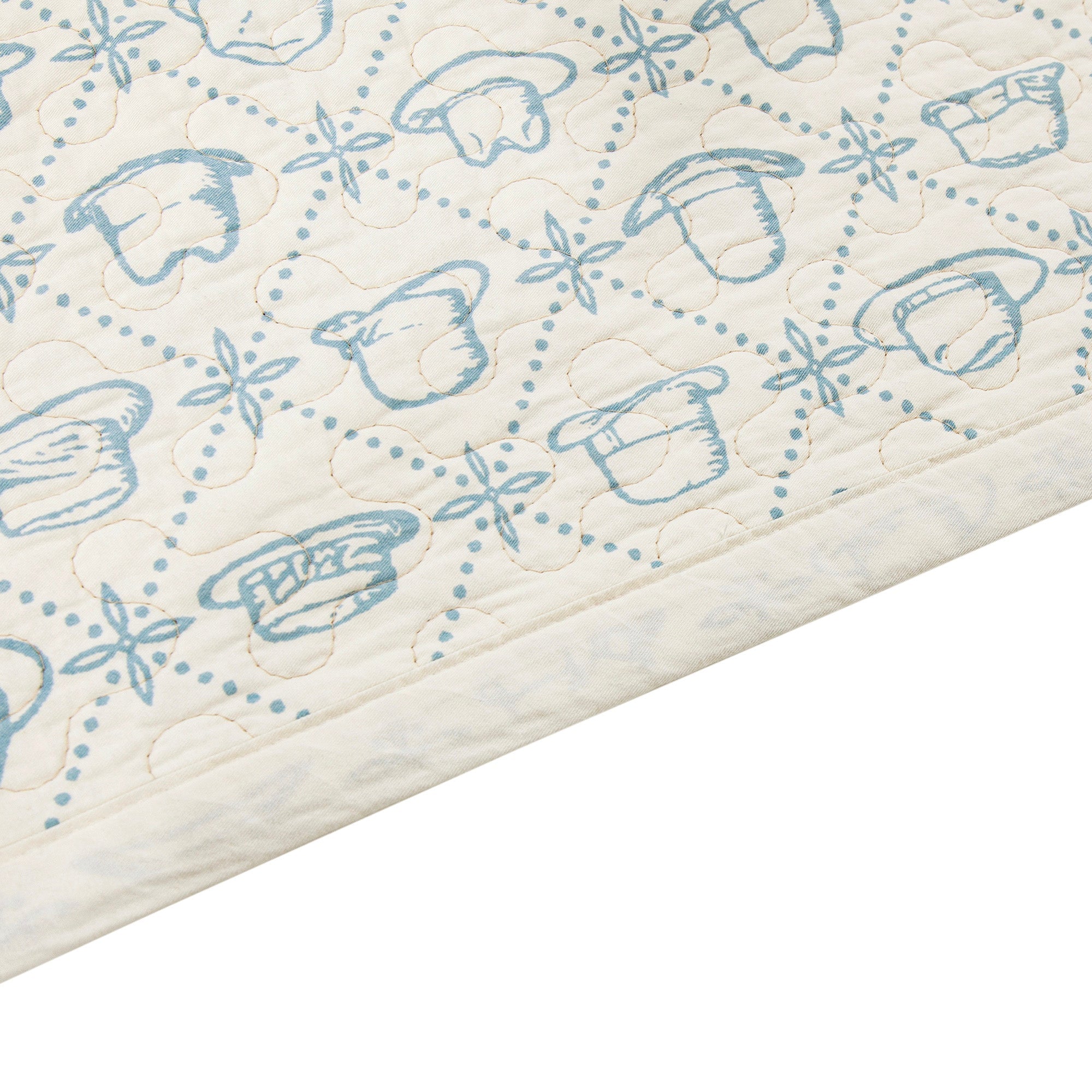 Close-up of a quilted fabric with blue snowman and star patterns on a white background