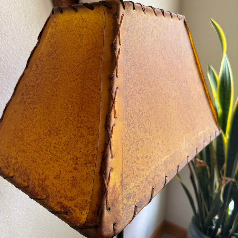 Western rawhide lamp shade handcrafted from genuine natural rawhide with rustic stitched edges