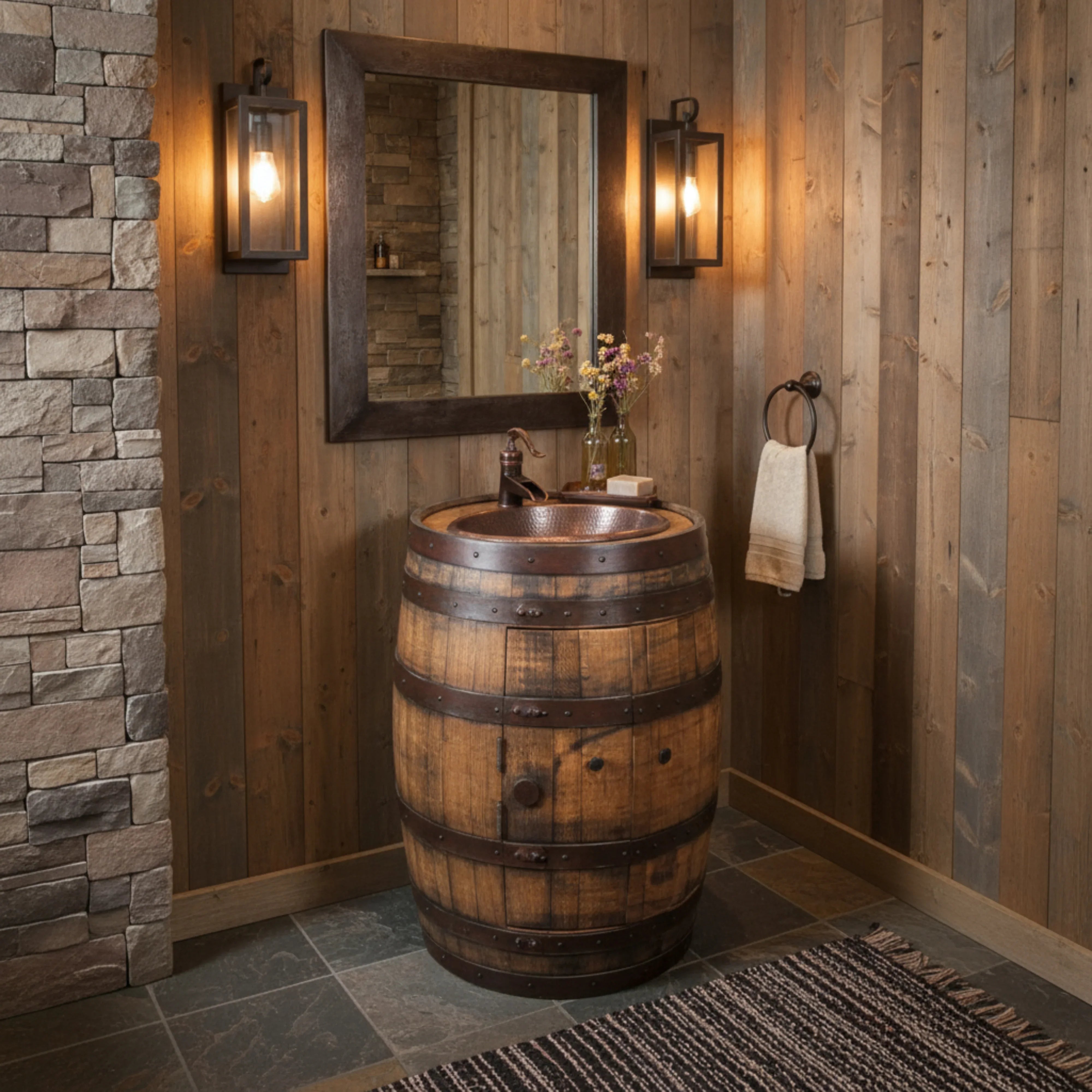 Rustic whiskey barrel vanity with hammered copper sink and faucet made in the USA - Your Western Decor