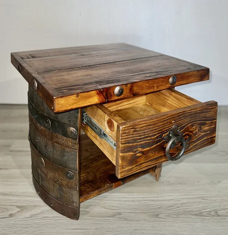 Whiskey Barrel Base End Table with rustic clavos and drawer pull - Your Western Decor