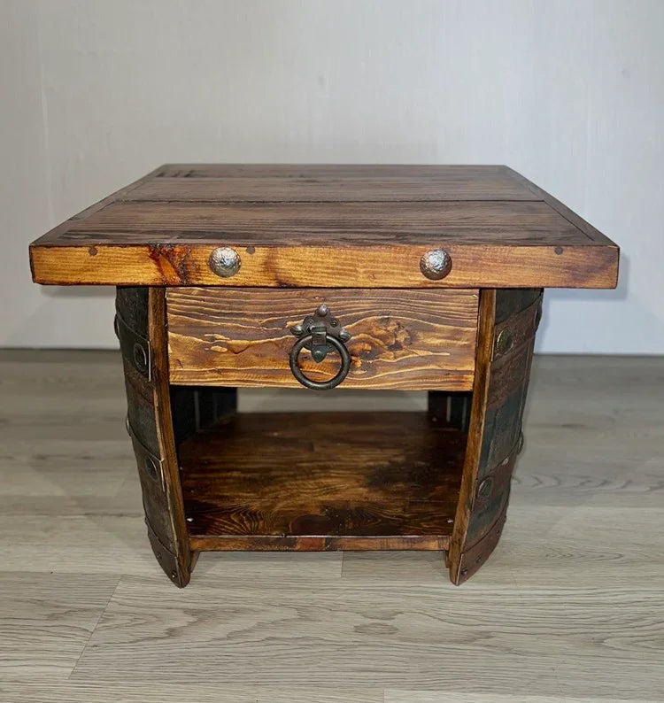 Whiskey Barrel Base End Table with rustic clavos and drawer pull - Your Western Decor