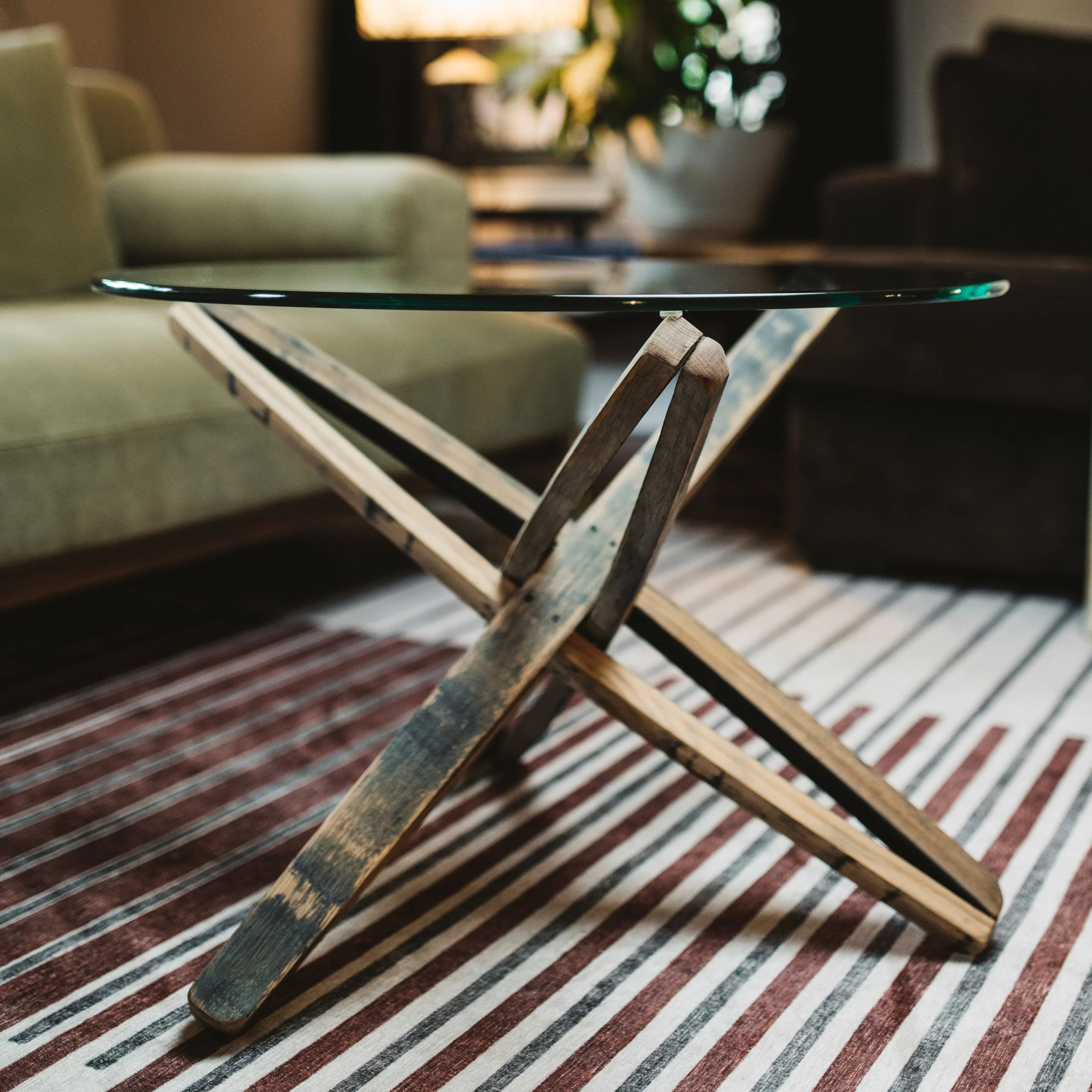 Side table made from tequila barrel staves with a round glass top, made in the USA - Your Western Decor