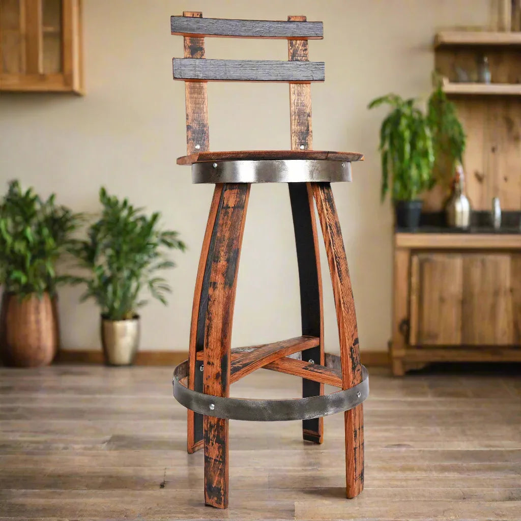 Rustic counter stool made from Whiskey Barrels in the USA - Your Western Decor