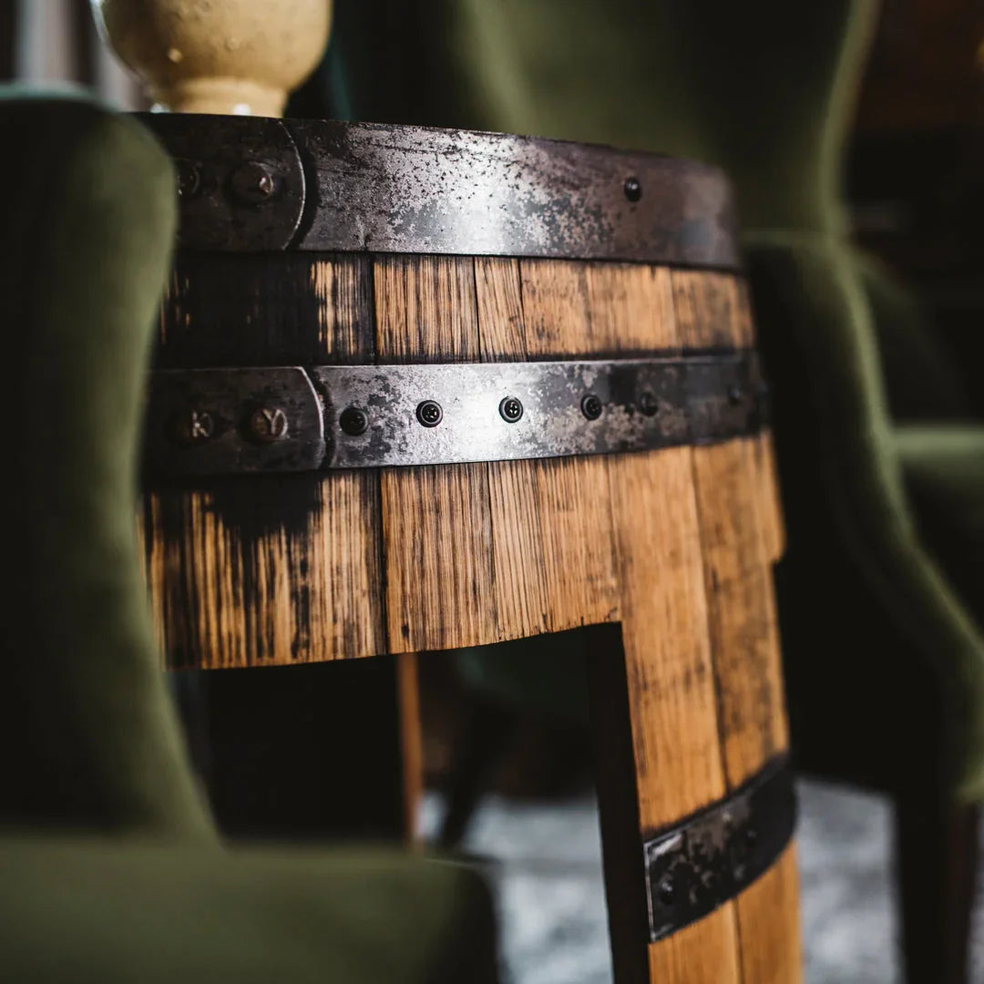 Rustic Half Whiskey Barrel Side Table detail handmade in the USA - Your Western Decor